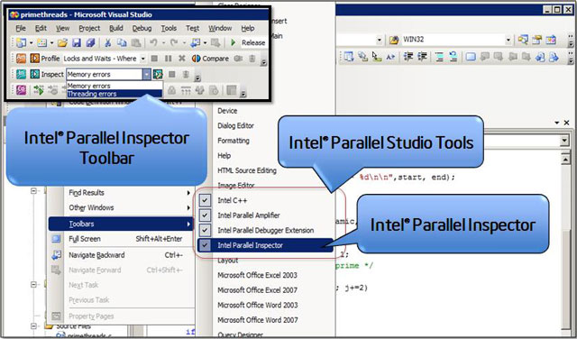 Рис. 1. Интеграция инструментов в среду Microsoft Visual Studio.